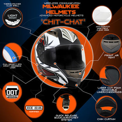 Milwaukee Helmets H520 Titanium and Red Chit-Chat Black Full Face Motorcycle Helmet with Intercom - Built-in Speaker and Microphone for Men & Women