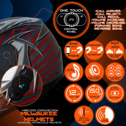 Milwaukee Helmets H520 Titanium and Red Chit-Chat Black Full Face Motorcycle Helmet with Intercom - Built-in Speaker and Microphone for Men & Women