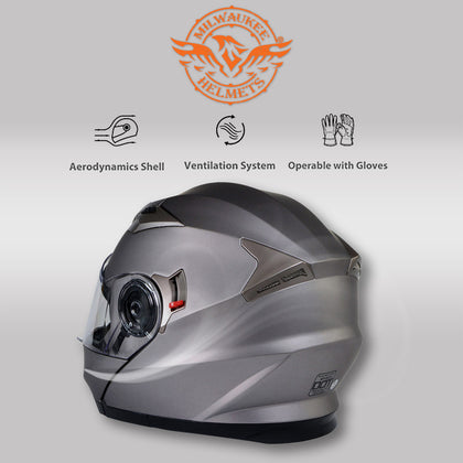 Milwaukee Helmets MPH9808DOT 'Ionized' Silver Advanced Motorcycle Modular Helmet for Men and Women Biker with Drop Down Visor