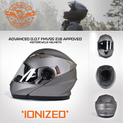 Milwaukee Helmets MPH9808DOT 'Ionized' Silver Advanced Motorcycle Modular Helmet for Men and Women Biker with Drop Down Visor