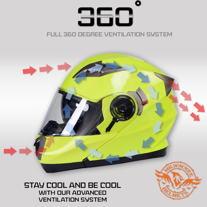 Milwaukee Helmets MPH9809DOT 'Ionized' Neon Yellow Advanced Motorcycle Modular Helmet for Men and Women Biker with Drop Down Visor