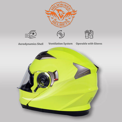 Milwaukee Helmets MPH9809DOT 'Ionized' Neon Yellow Advanced Motorcycle Modular Helmet for Men and Women Biker with Drop Down Visor