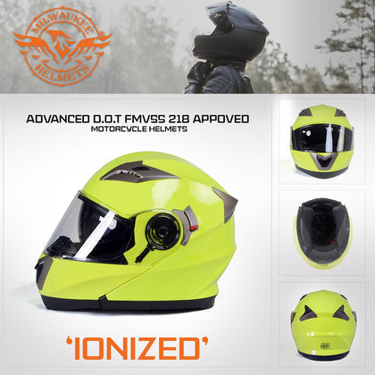 Milwaukee Helmets MPH9809DOT 'Ionized' Neon Yellow Advanced Motorcycle Modular Helmet for Men and Women Biker with Drop Down Visor