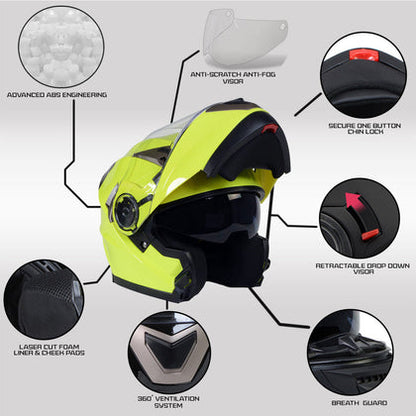 Milwaukee Helmets MPH9809DOT 'Ionized' Neon Yellow Advanced Motorcycle Modular Helmet for Men and Women Biker with Drop Down Visor