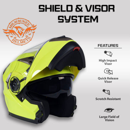 Milwaukee Helmets MPH9809DOT 'Ionized' Neon Yellow Advanced Motorcycle Modular Helmet for Men and Women Biker with Drop Down Visor