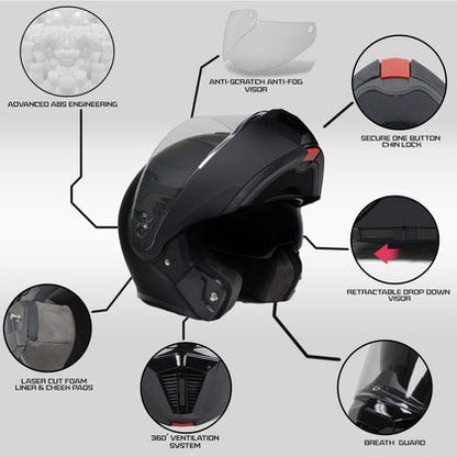 Milwaukee Helmets MPH9812DOT Flat Black 'Menace' Advanced Motorcycle Modular Helmet for Men and Women Biker with Drop Down Visor