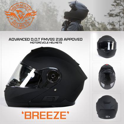 Milwaukee Helmets Breeze Flat Black Advanced Motorcycle Modular Helmet with Drop Down Visor for Men & Women DOT Approved MPH9814DOT