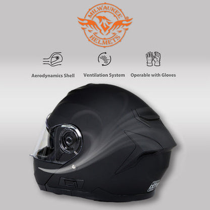 Milwaukee Helmets Breeze Flat Black Advanced Motorcycle Modular Helmet with Drop Down Visor for Men & Women DOT Approved MPH9814DOT