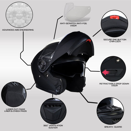 Milwaukee Helmets Breeze Flat Black Advanced Motorcycle Modular Helmet with Drop Down Visor for Men & Women DOT Approved MPH9814DOT