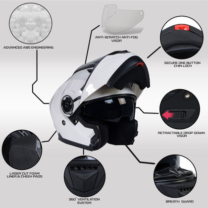 Milwaukee Helmets MPH9816DOT 'Breeze' White Advanced Motorcycle Modular Helmet for Men and Women Biker with Drop Down Visor