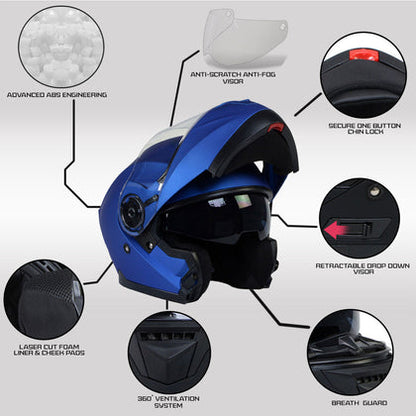 Milwaukee Helmets MPH9818DOT 'Breeze' Blue Advanced Motorcycle Modular Helmet for Men and Women Biker with Drop Down Visor