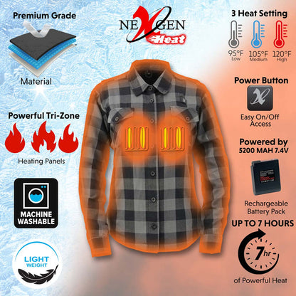 Nexgen Heat Women's NXL2601SET Bonnie Black - Grey Heated Flannel Sleeve Shirt for Outdoor Activities w/ Battery